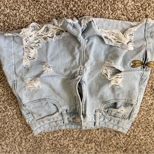 Distressed Light Blue Denim Shorts with Dragonfly Embroidery